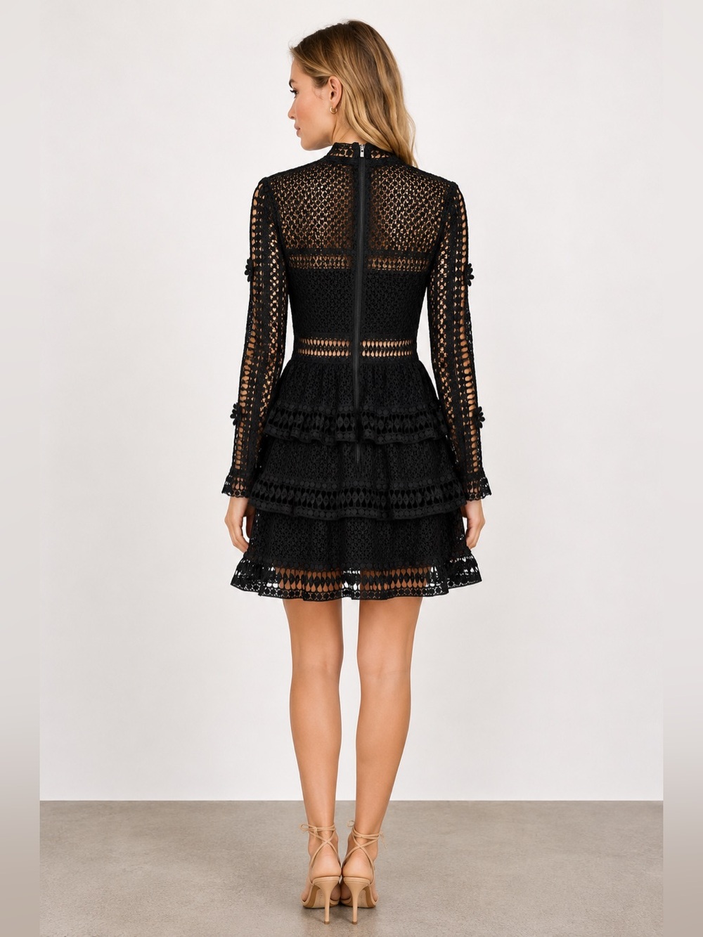 Self-Portrait Black Guipure Lace Tiered Mock Neck Mini Dress – Size 2 - Picture 2 of 11